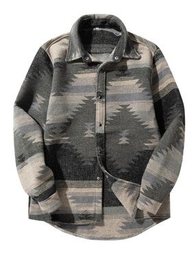 Findthy Men's Casual Button-Up Shacket in Charcoal & Beige Geometric